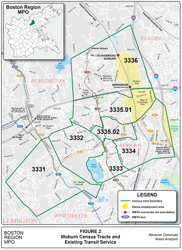 Woburn Census Tracts and Existing Transit Service
This figure is a map of Woburn showing census tract boundaries, dense areas of employment, and existing transit service.

